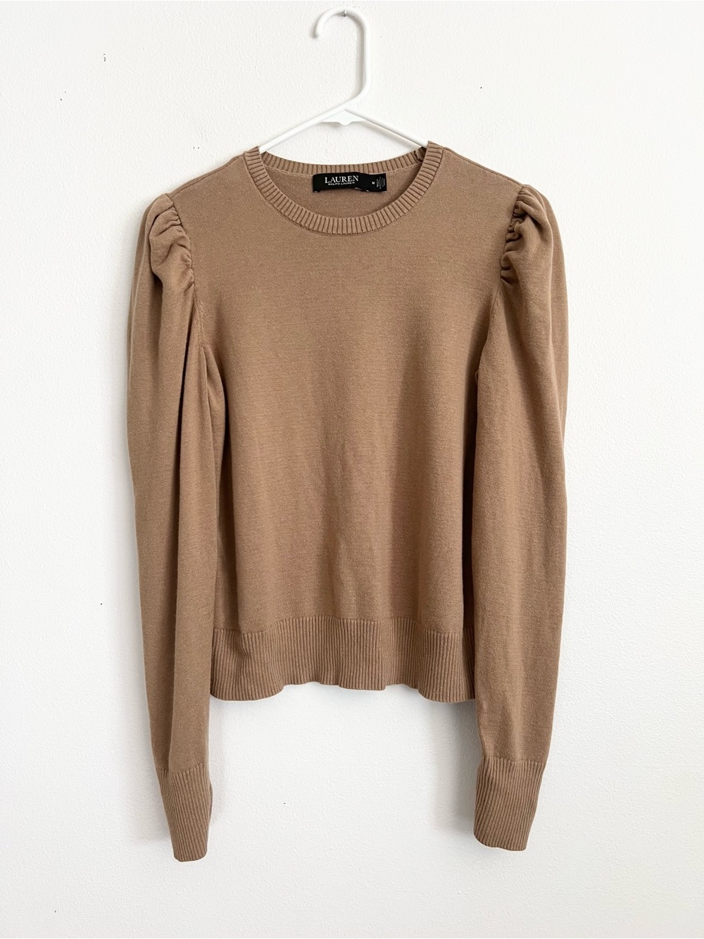 Lauren Ralph Lauren Puff Sleeve Sweater M Camel Cotton Blend Minimalist Preppy